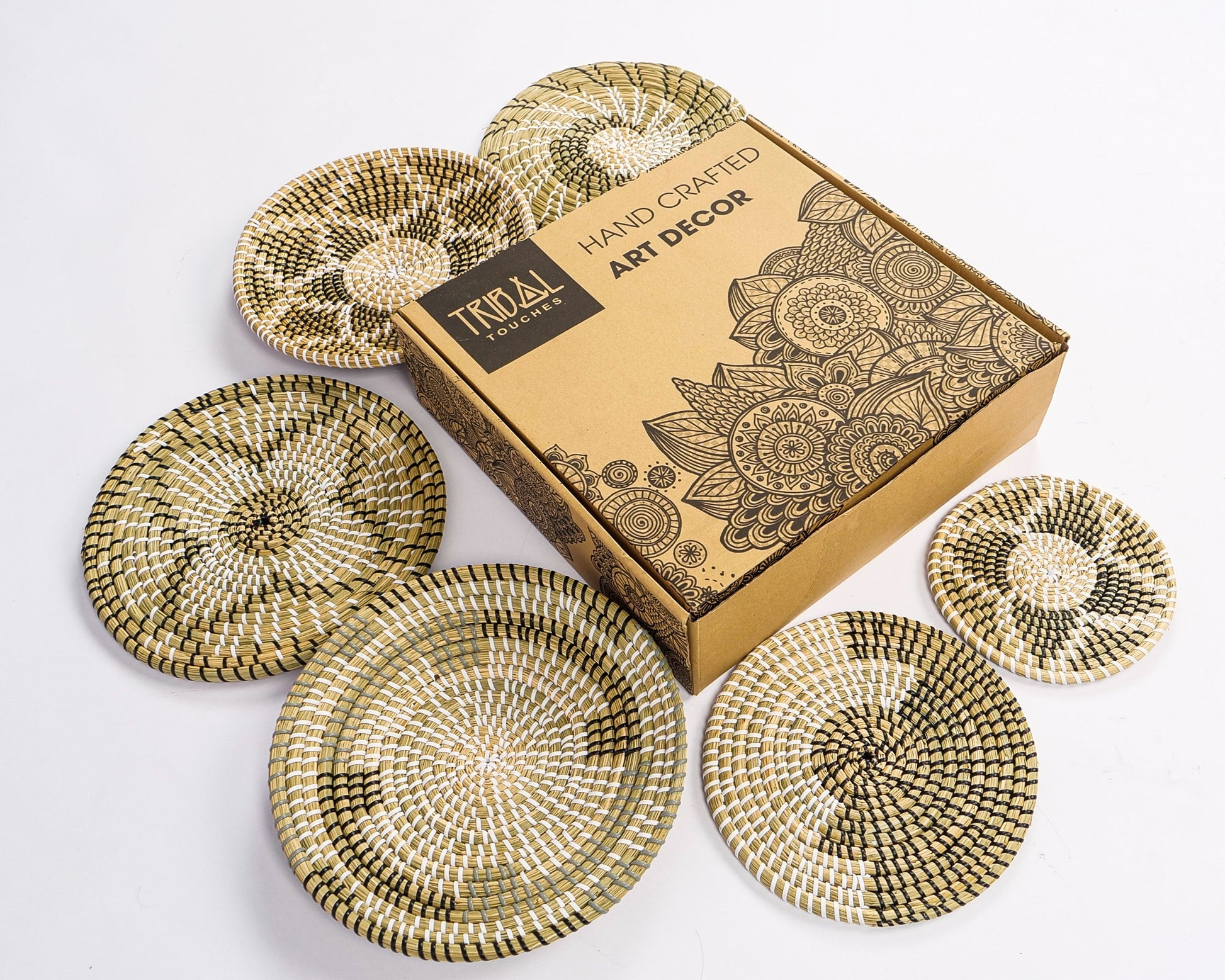 Neutral Harmony handcrafted basket set featuring elegant boho-style patterns, beautifully displayed with an artisan-designed box for luxurious home decor.